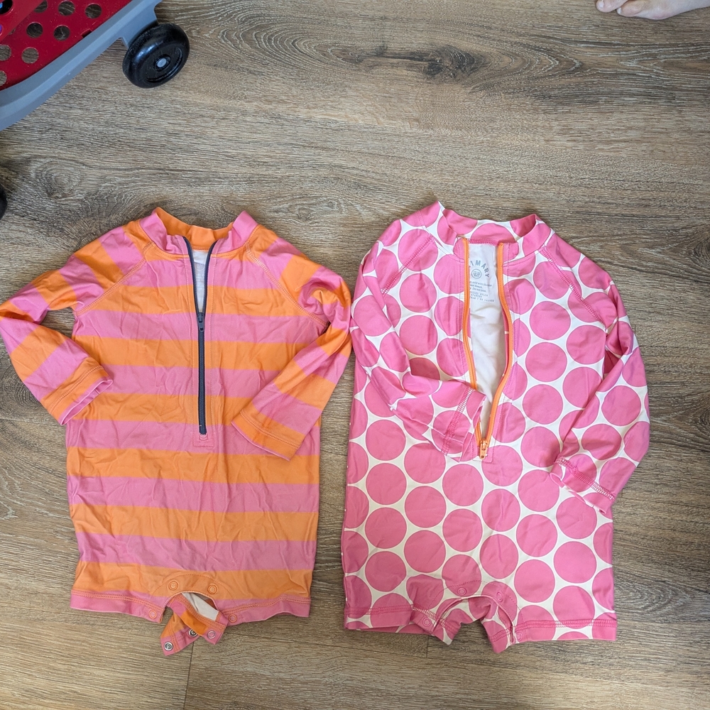 Primary Pink and Orange Polka Dot Rashguard One Piece Swimsuit Bundle (2)